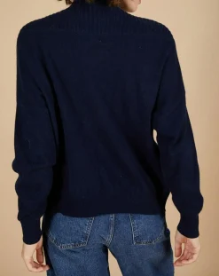 Pull ample 100% Cachemire Sandy col montant à bouton bleu nuit-Cashmere Tribu Clearance