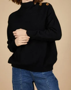 Femme Cashmere Tribu Pulls^Pull ample 100% Cachemire Sandy col montant à bouton noir