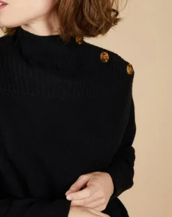Femme Cashmere Tribu Pulls^Pull ample 100% Cachemire Sandy col montant à bouton noir