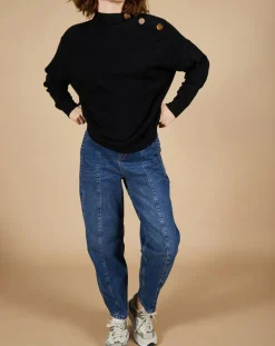 Femme Cashmere Tribu Pulls^Pull ample 100% Cachemire Sandy col montant à bouton noir