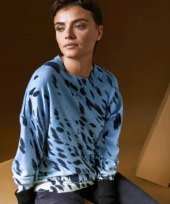 Pull Anémone 100% Cachemire imprimé léopard bleu azur-Rodier Online