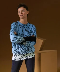 Pull Anémone 100% Cachemire imprimé léopard bleu azur-Rodier Online