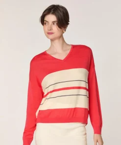Pull Caecilia 100% Laine col V rayures orange corail-Rodier Best