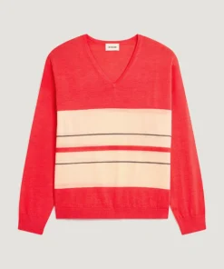 Pull Caecilia 100% Laine col V rayures orange corail-Rodier Best