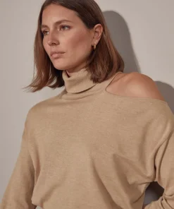 Pull Clémentine, col roulé, épaule dénudée marron moka-Rodier Clearance