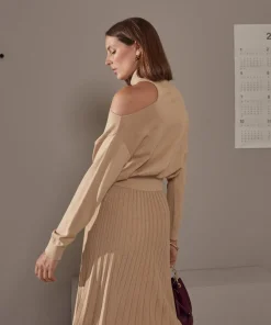Pull Clémentine, col roulé, épaule dénudée marron moka-Rodier Clearance