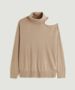Pull Clémentine, col roulé, épaule dénudée marron moka-Rodier Clearance