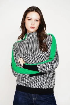 Pull col montant noir/vert-C&Jo Online