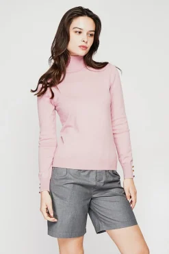 Pull col roulé classique rose poudre-C&Jo Hot