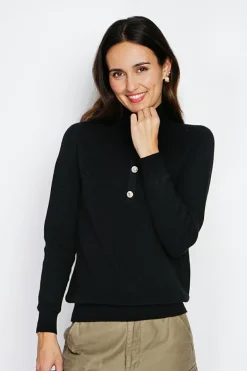 Pull en Cachemire & Soie mélangés col montant boutonné noir-Assuili Best
