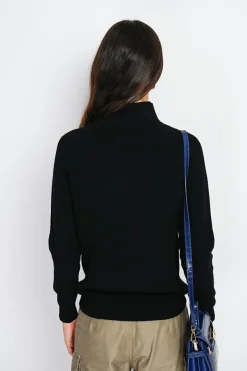 Pull en Cachemire & Soie mélangés col montant boutonné noir-Assuili Best