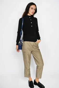 Pull en Cachemire & Soie mélangés col montant boutonné noir-Assuili Best