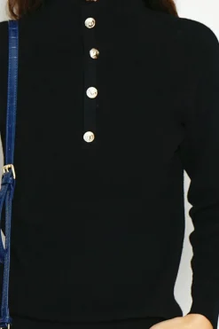 Pull en Cachemire & Soie mélangés col montant boutonné noir-Assuili Best