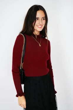 Pull en Cachemire & Soie mélangés col montant bordeaux-C&Jo Sale
