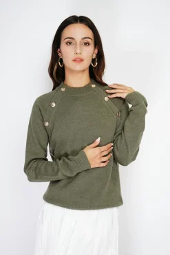 Pull en Cachemire mélangé boutons fantaisie kaki-C&Jo Clearance