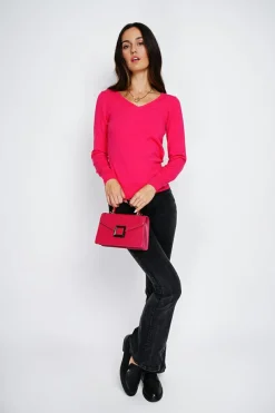 Pull en Cachemire mélangé col V fushia-Assuili Online