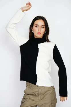 Pull en Cachemire mélangé col montant naturel/noit-Assuili Outlet