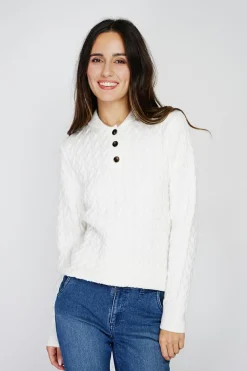 Pull en Cachemire mélangé col boutonné naturel-C&Jo Clearance
