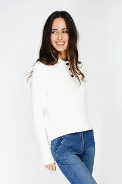 Pull en Cachemire mélangé col boutonné naturel-C&Jo Clearance