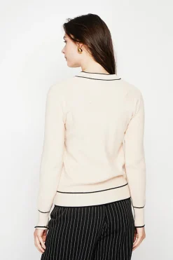 Pull en Cachemire mélangé col V à noeud crème-C&Jo Sale
