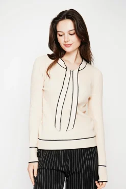 Pull en Cachemire mélangé col V à noeud crème-C&Jo Sale