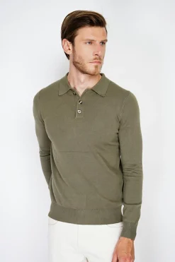 Pull en Cachemire mélangé col polo à boutons kaki-C&Jo Sale