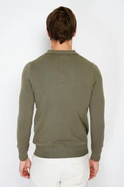 Pull en Cachemire mélangé col polo à boutons kaki-C&Jo Sale