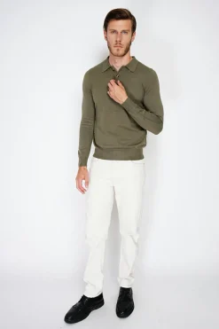 Pull en Cachemire mélangé col polo à boutons kaki-C&Jo Sale