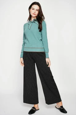 Pull en Cachemire mélangé col V à noeud turquoise-C&Jo New