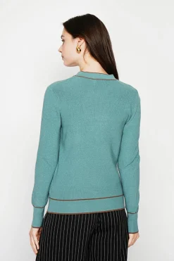 Pull en Cachemire mélangé col V à noeud turquoise-C&Jo New