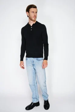 Homme C&Jo Pulls^Pull en Cachemire mélangé col polo à boutons noir