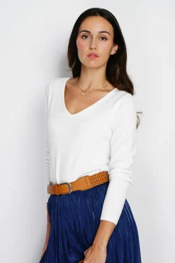 Pull en Cachemire mélangé col V naturel-Assuili New