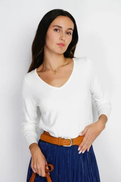 Pull en Cachemire mélangé col V naturel-Assuili New