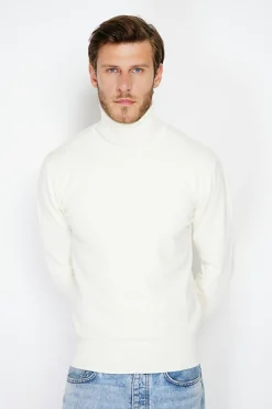 Pull en Cachemire mélangé col roulé naturel-C&Jo Discount