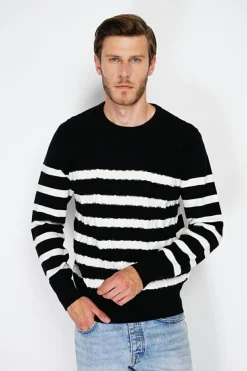 Pull en Cachemire mélangé ras du cou marinière noir-C&Jo Clearance