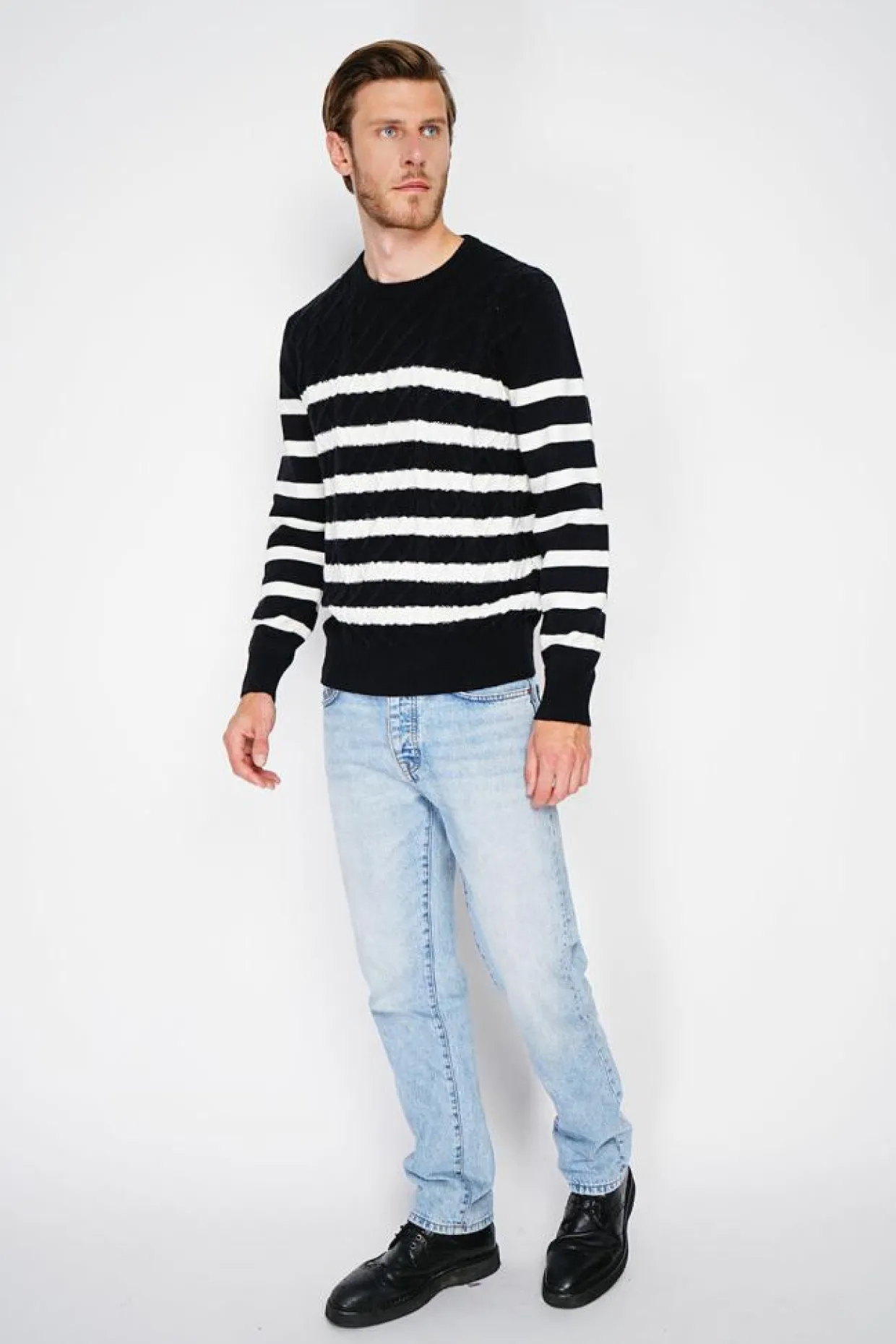 Pull en Cachemire mélangé ras du cou marinière noir-C&Jo Clearance