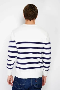 Pull en Cachemire mélangé ras du cou marinière naturel-C&Jo Discount