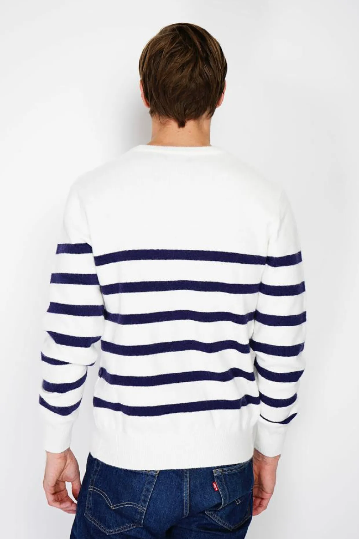 Pull en Cachemire mélangé ras du cou marinière naturel-C&Jo Discount