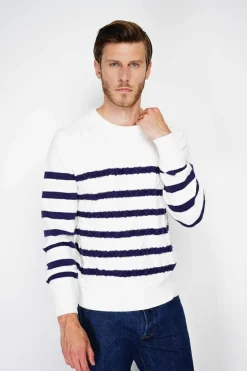 Pull en Cachemire mélangé ras du cou marinière naturel-C&Jo Discount