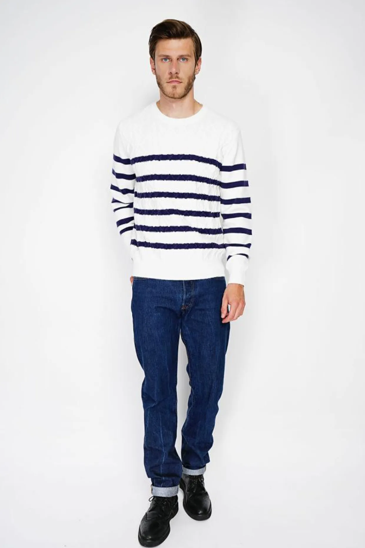 Pull en Cachemire mélangé ras du cou marinière naturel-C&Jo Discount