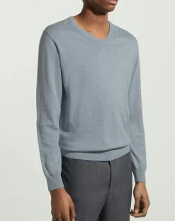 Pull en Coton & Soie col V bleu moyen chiné-Hackett London New