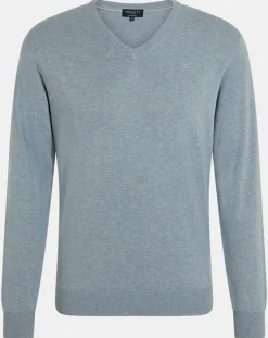 Pull en Coton & Soie col V bleu moyen chiné-Hackett London New