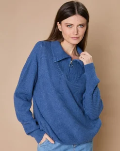 Pull en Laine & Cachemire mélangés Maia 1/2 zip bleu chiné-Oscar et Louise New