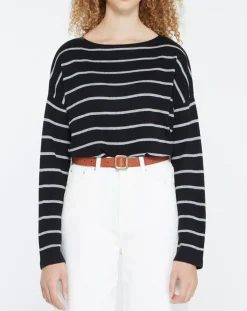 Pull en Laine & Cachemire Julianne à rayures noir/gris-Yerse