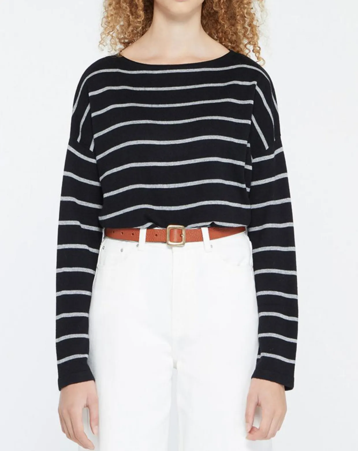 Pull en Laine & Cachemire Julianne à rayures noir/gris-Yerse