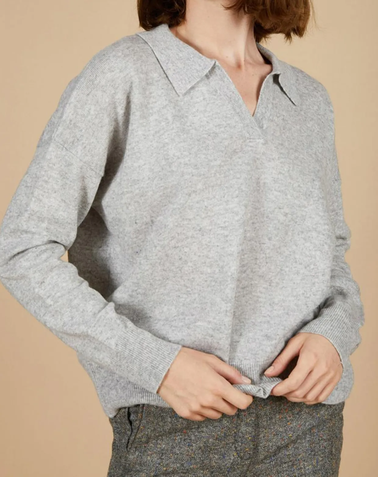 Pull en Laine & Cachemire Paloma col polo gris chiné clair-Cashmere Tribu Best