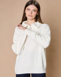 Femme Oscar et Louise Pulls^Pull en Laine & Cachemire mélangés Maia 1/2 zip écru