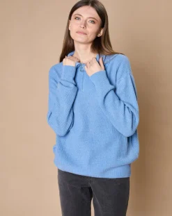 Femme Oscar et Louise Pulls^Pull en Laine & Cachemire mélangés Maia 1/2 zip bleu