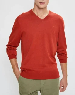 Pull en Laine mélangée col V coudières orange/rouge-Hackett London Clearance