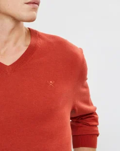 Pull en Laine mélangée col V coudières orange/rouge-Hackett London Clearance